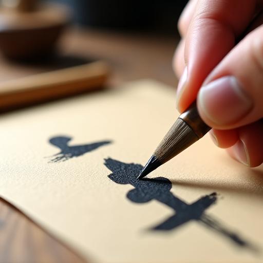 和紙の上で書道をする筆
